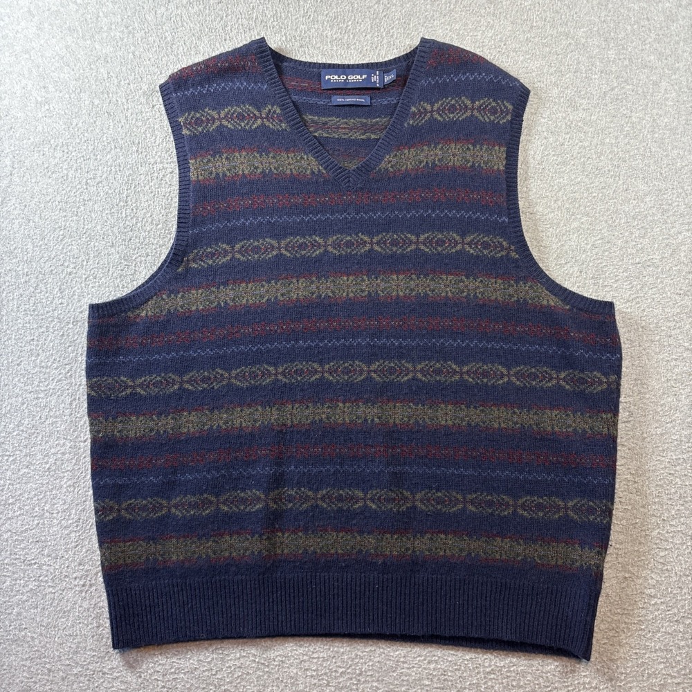 VTG POLO GOLF Ralph Lauren Men's XL 100% Merino Wool Blue Sweater Vest Fair Isle